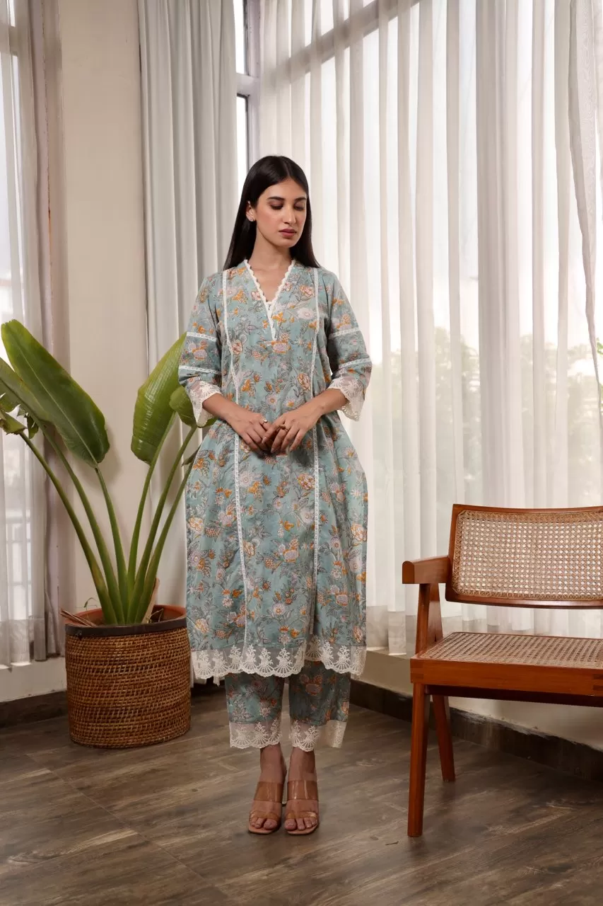 Grey flower jaal handblock cotton straight set