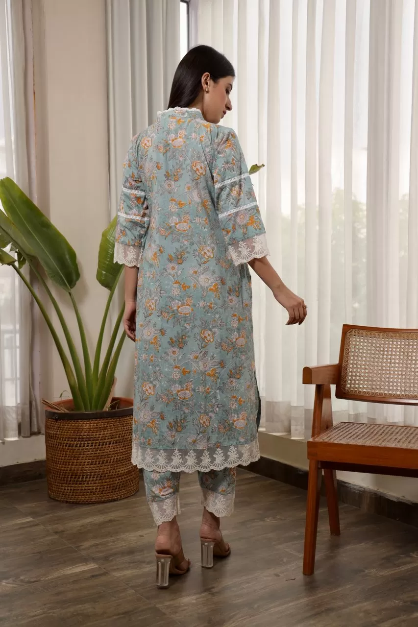 Grey flower jaal handblock cotton straight set