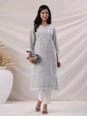 Grey Modal Chanderi Embroidered Kurta Pant Set