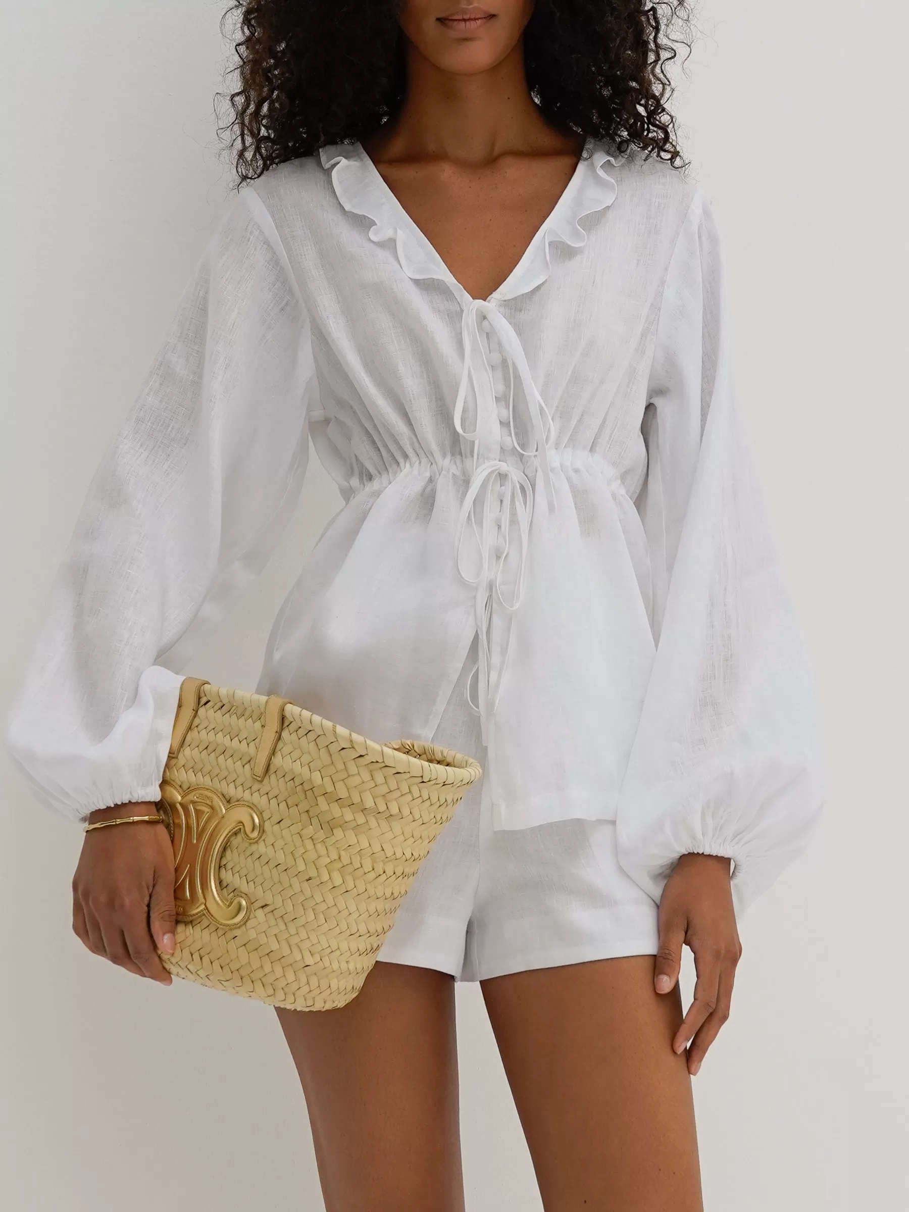 Helena Linen Frill Tie Top | White