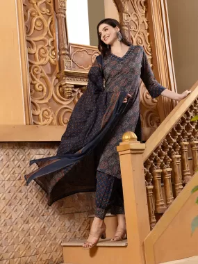 ISHIN Sequinned Ajarakh Printed Cotton Straight Kurta with Printed Pants and Dupatta