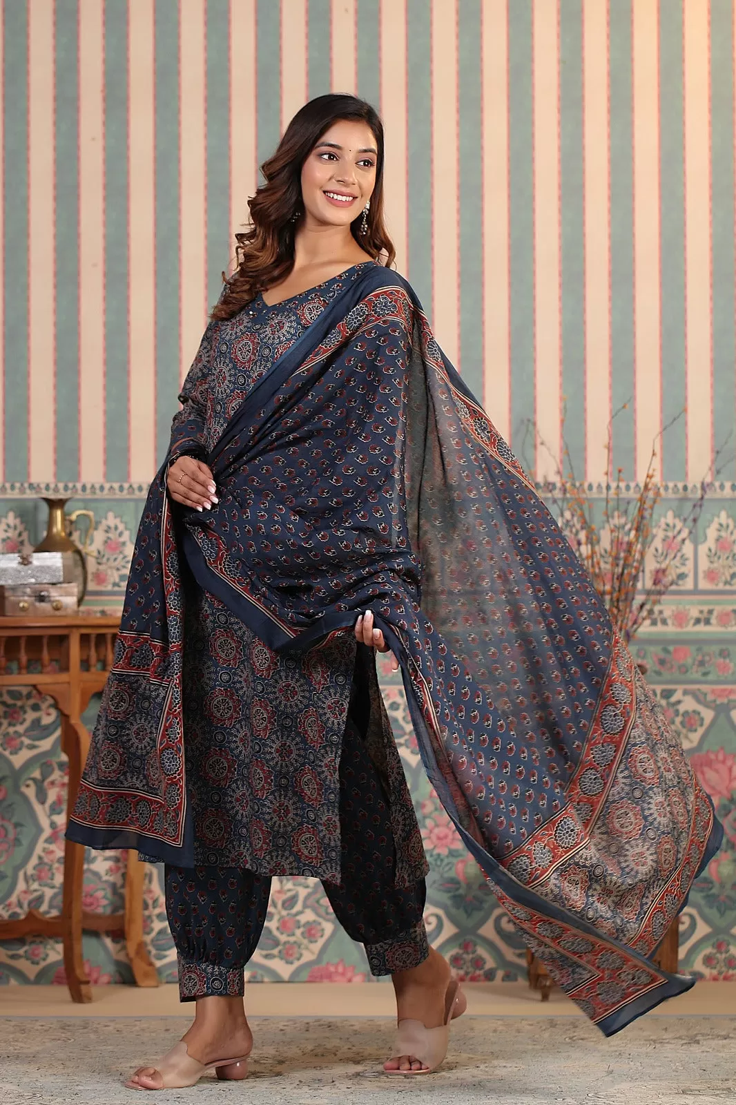 ISHIN Sequinned Ajarakh Printed Cotton Straight Kurta with Printed Pants and Dupatta