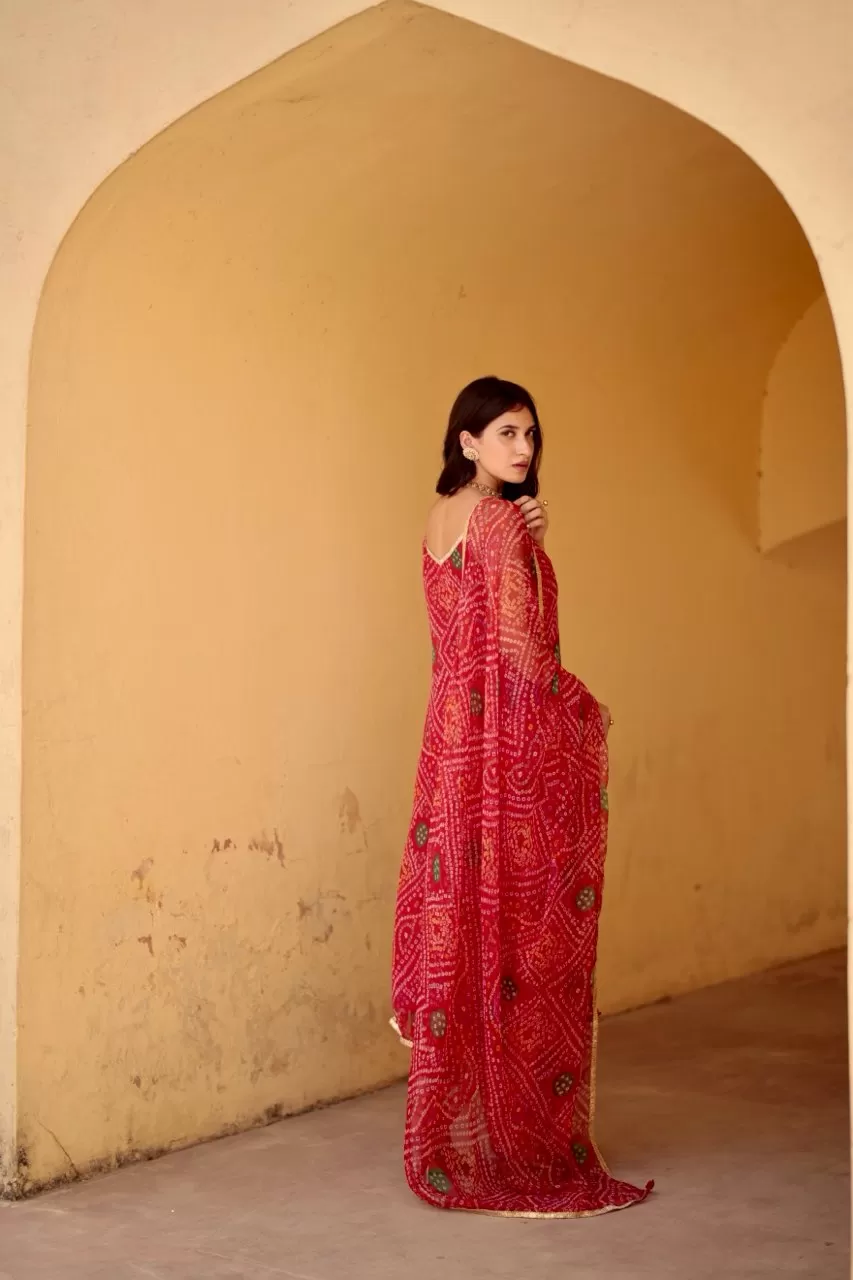 Laal bandhej straight kurta set