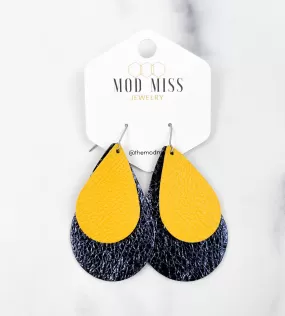 Leather Stacked Teardrop Earring Yellow   Metallic Navy