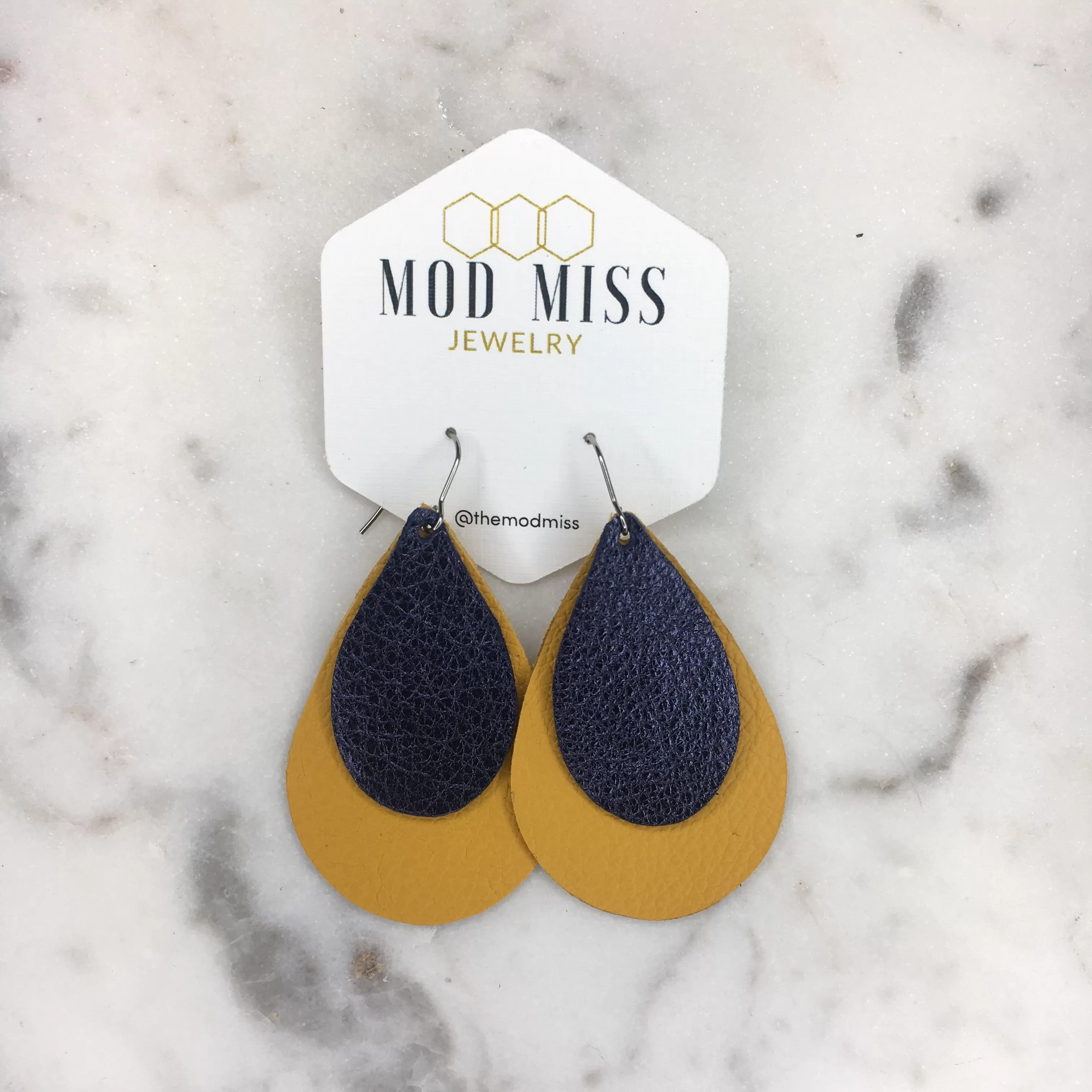 Leather Stacked Teardrop Earring Yellow   Metallic Navy