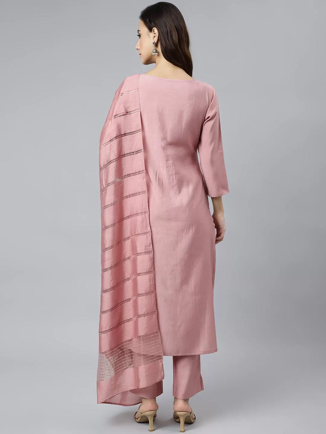 Light Pink Poly Silk Embroidered Kurta with Pant and Dupatta