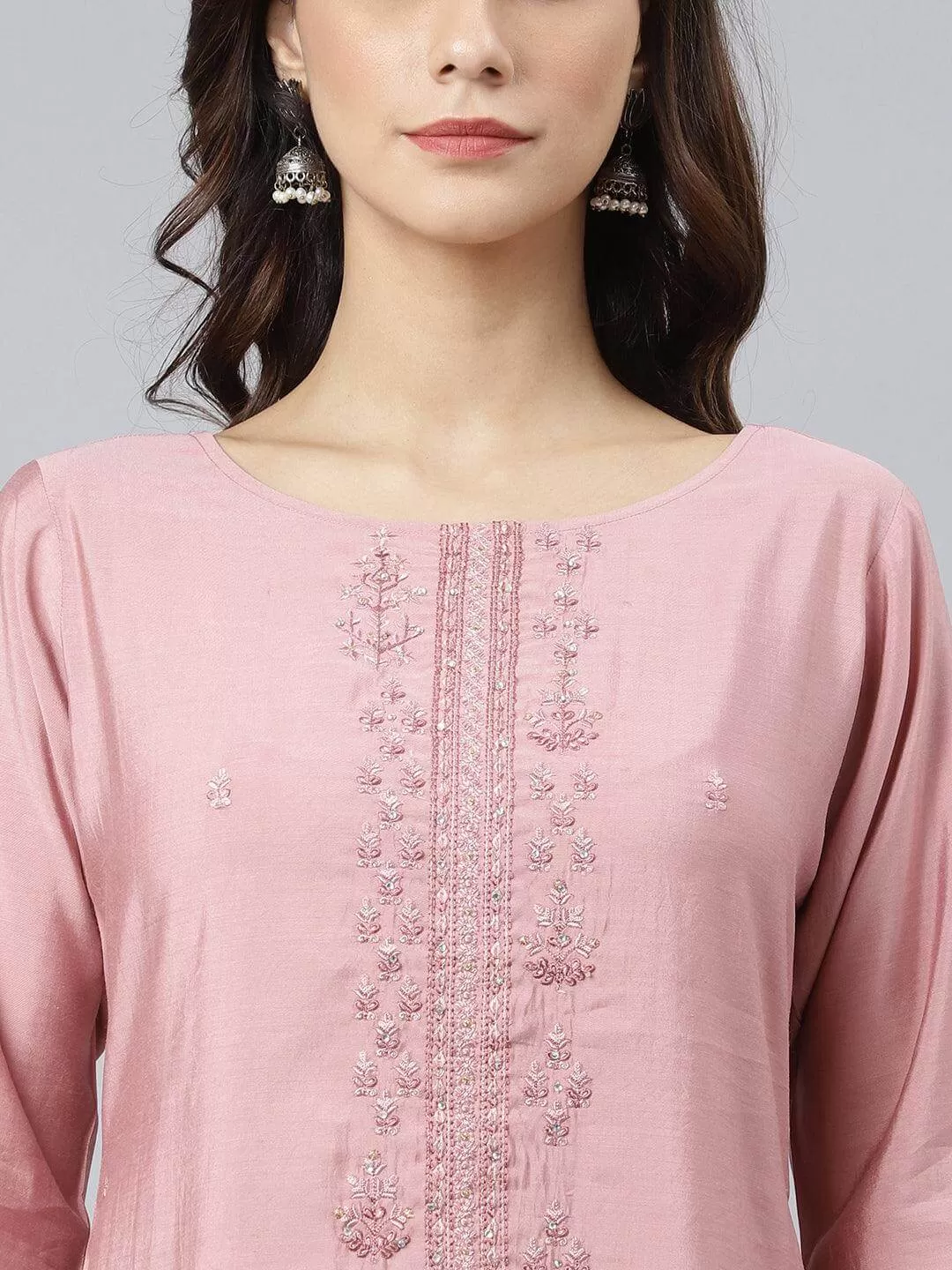 Light Pink Poly Silk Embroidered Kurta with Pant and Dupatta