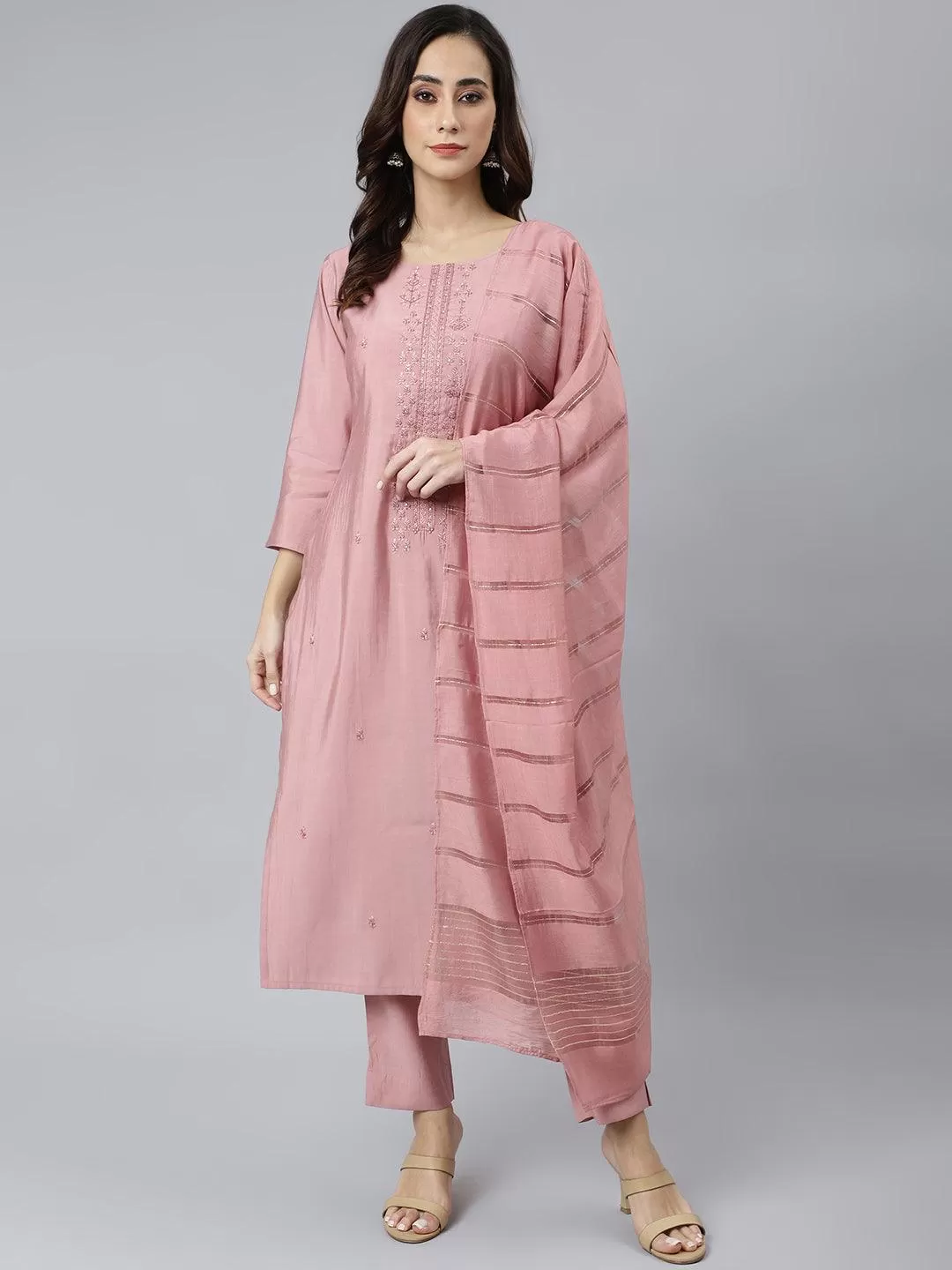 Light Pink Poly Silk Embroidered Kurta with Pant and Dupatta