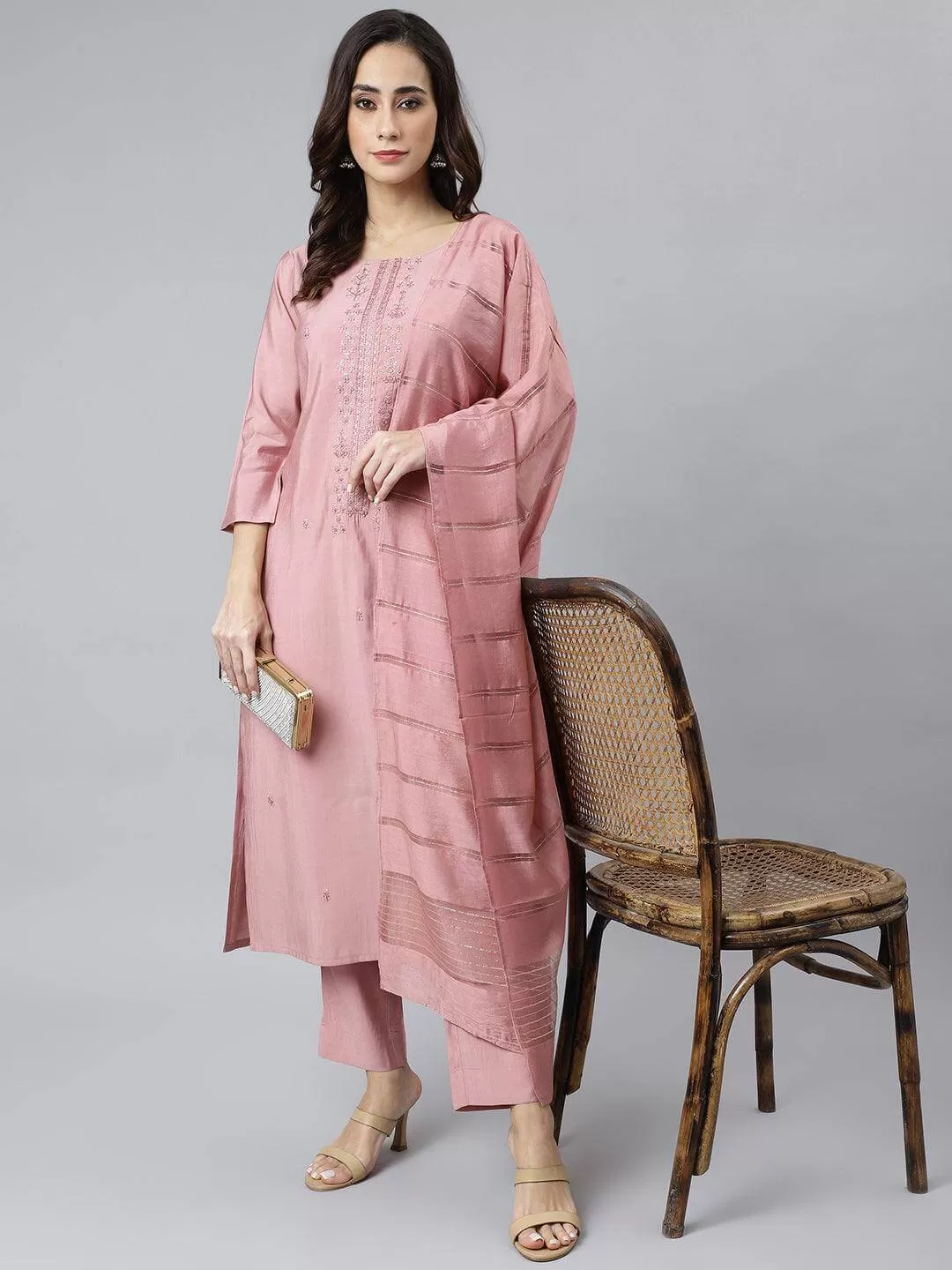 Light Pink Poly Silk Embroidered Kurta with Pant and Dupatta