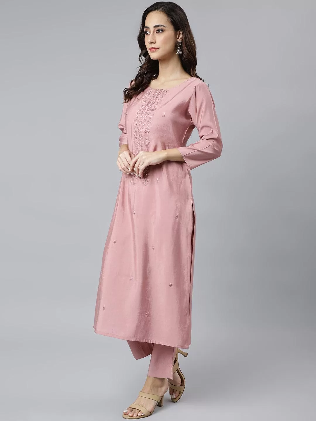 Light Pink Poly Silk Embroidered Kurta with Pant and Dupatta