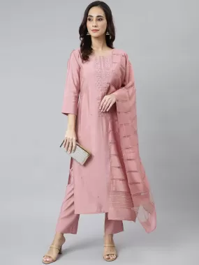 Light Pink Poly Silk Embroidered Kurta with Pant and Dupatta