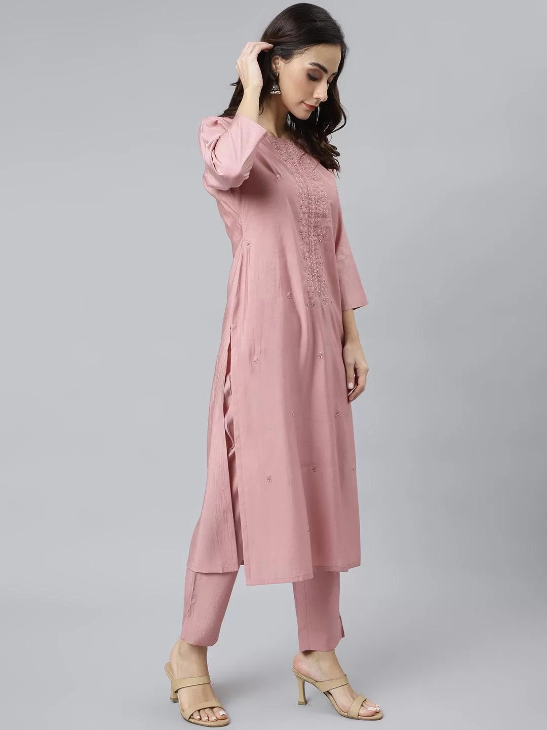 Light Pink Poly Silk Embroidered Kurta with Pant and Dupatta