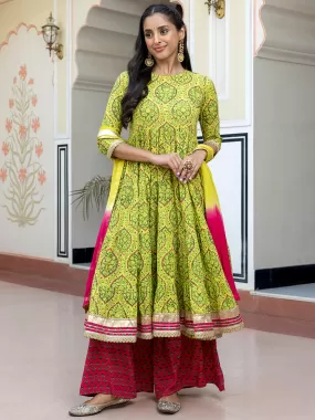 Lime Green Cotton Embellished Floral Printed Kurta with Flared Palazzo and Dupatta