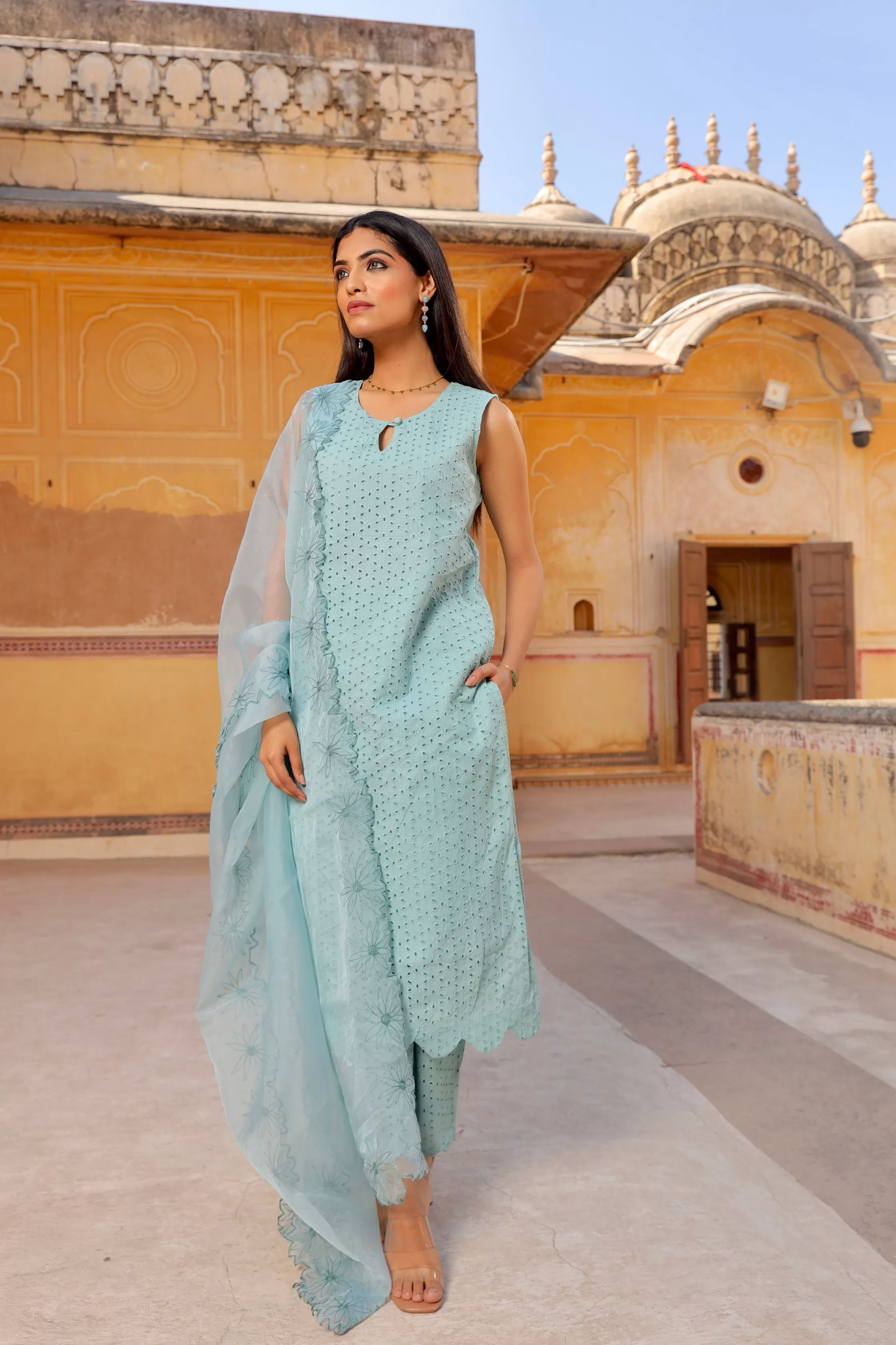 Mint Shiffly chikankari cotton straight set