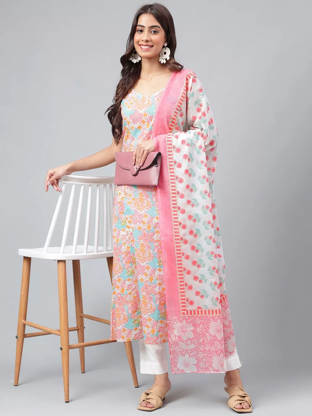 Multicolor Cotton Floral Printed Kurta with Pant and Dupatta