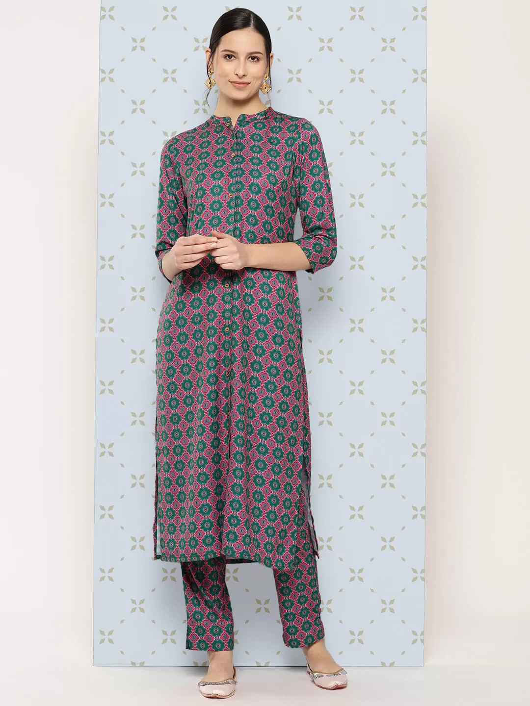 Multicolor Moss Ethnic Motifs Kurta with Pant