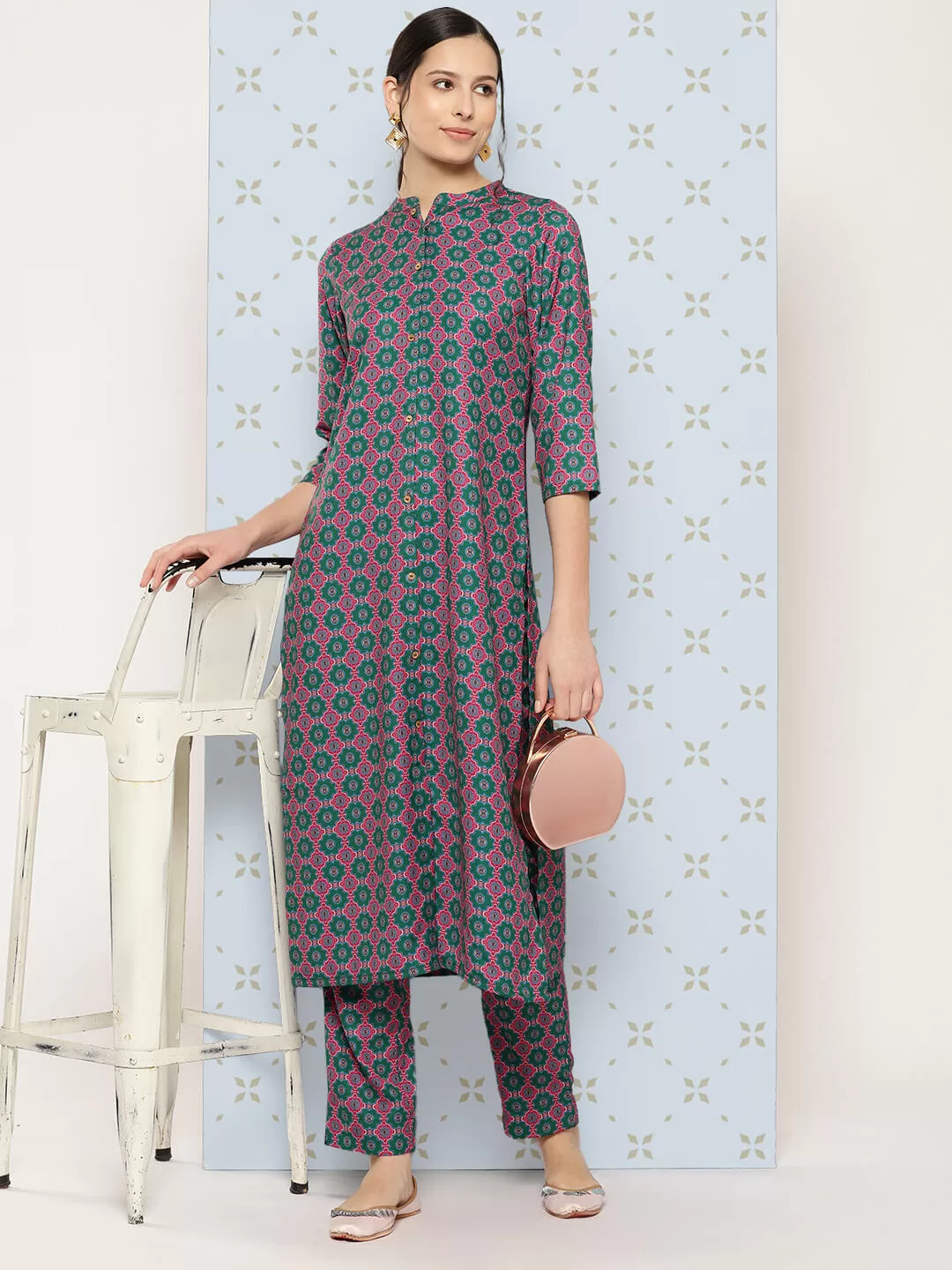 Multicolor Moss Ethnic Motifs Kurta with Pant