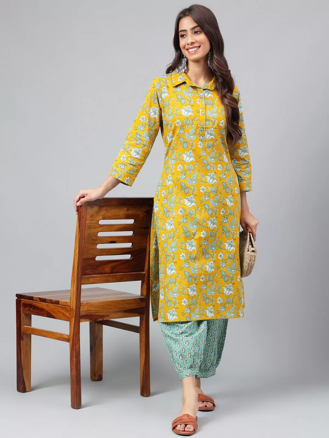 Mustard Cotton Cambric Floral Printed Kurta with Balloon Pant