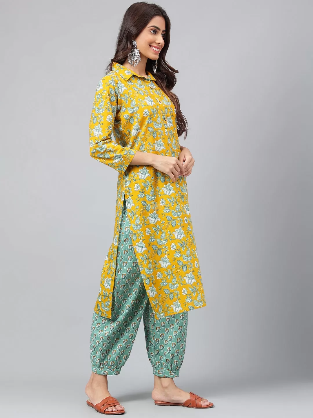 Mustard Cotton Cambric Floral Printed Kurta with Balloon Pant