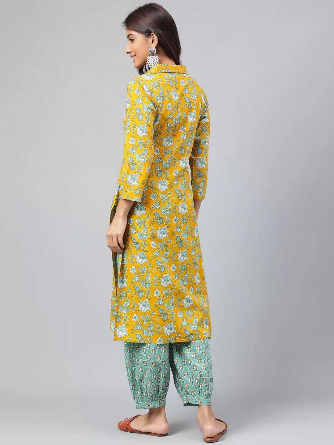 Mustard Cotton Cambric Floral Printed Kurta with Balloon Pant