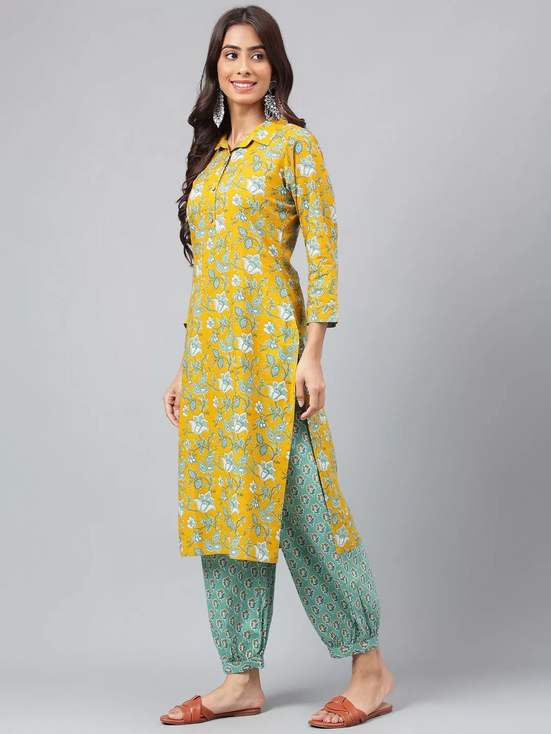 Mustard Cotton Cambric Floral Printed Kurta with Balloon Pant