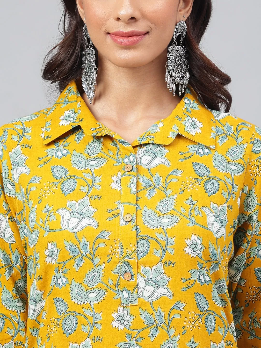 Mustard Cotton Cambric Floral Printed Kurta with Balloon Pant