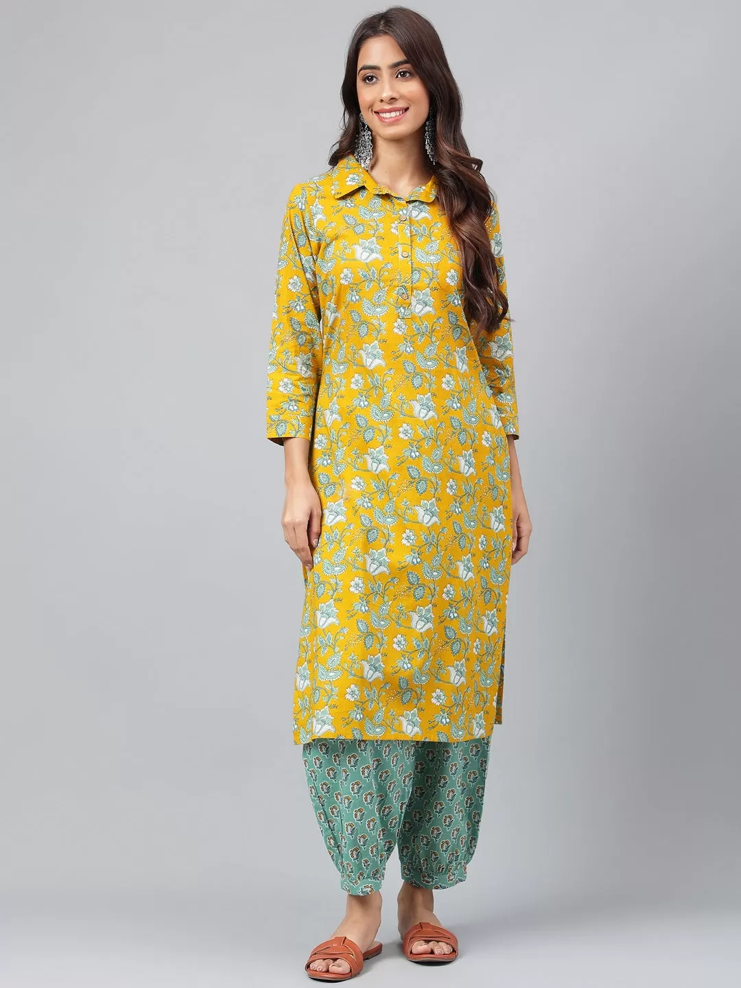 Mustard Cotton Cambric Floral Printed Kurta with Balloon Pant