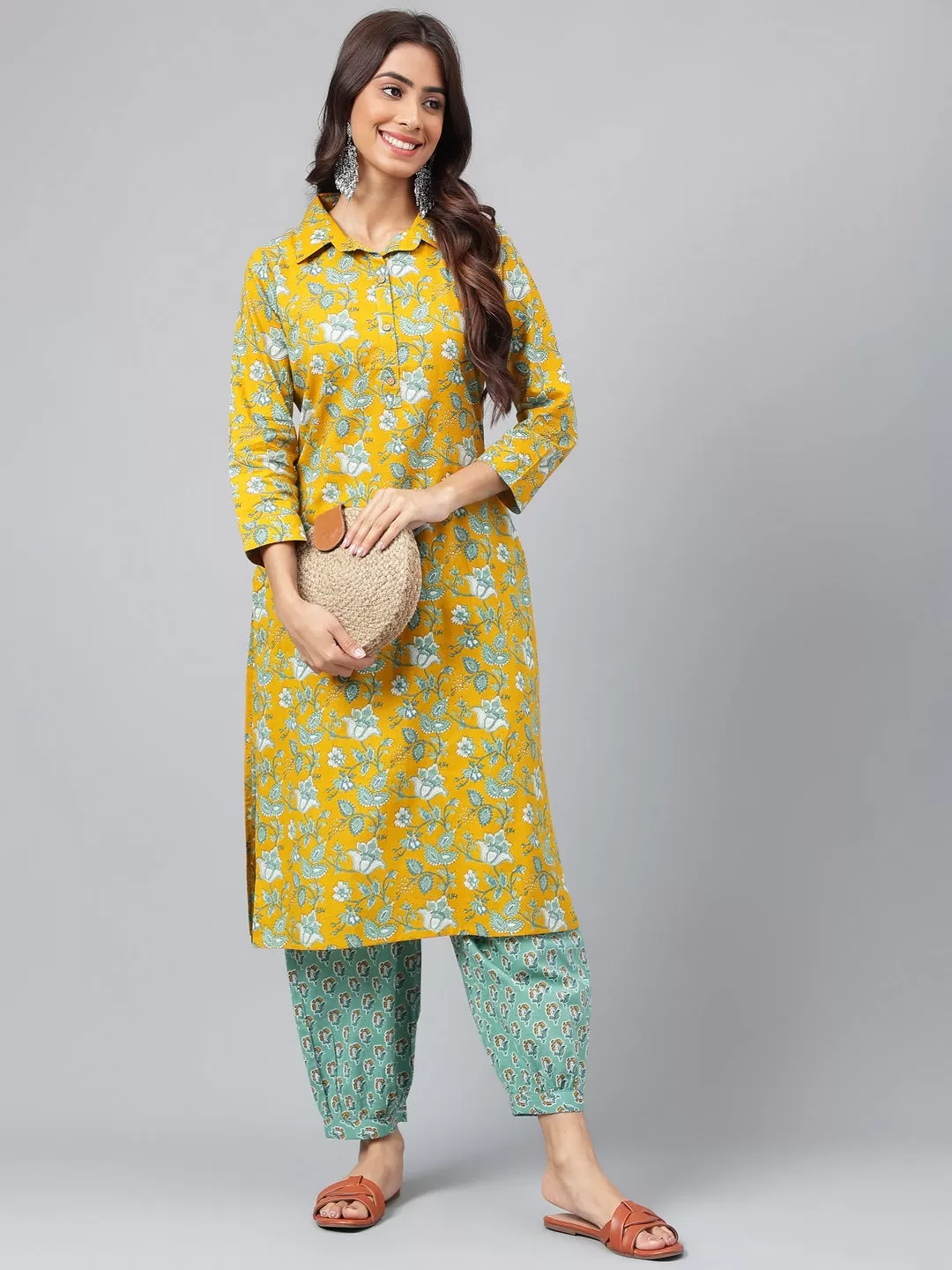 Mustard Cotton Cambric Floral Printed Kurta with Balloon Pant