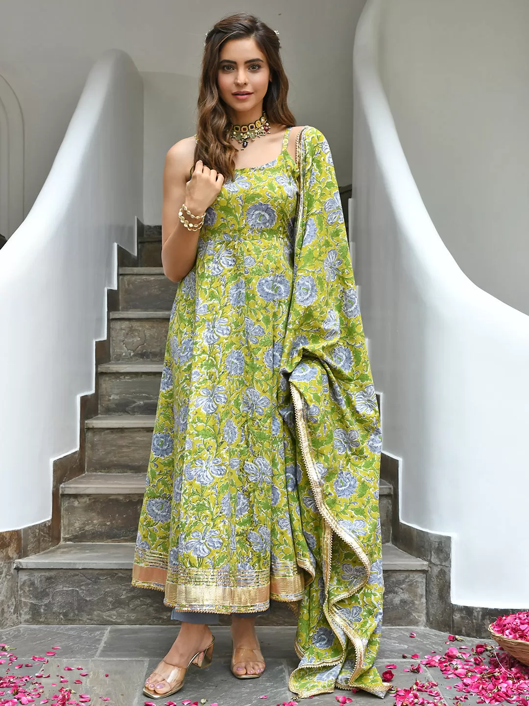 Mustard Cotton Printed Kurta Pant Set