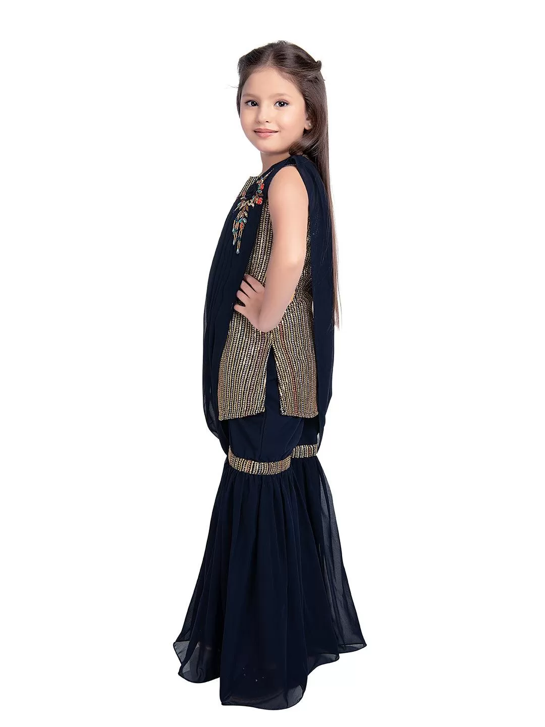 Navy Blue Striped Sequinned Kurta with Sharara & With Dupatta For Girls