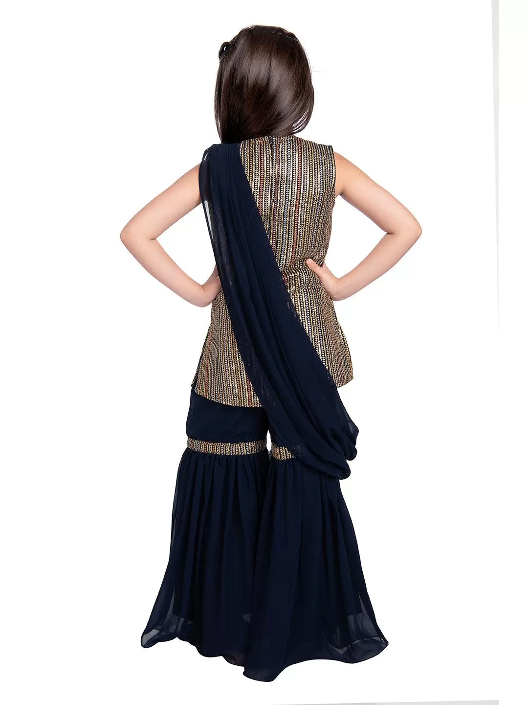 Navy Blue Striped Sequinned Kurta with Sharara & With Dupatta For Girls