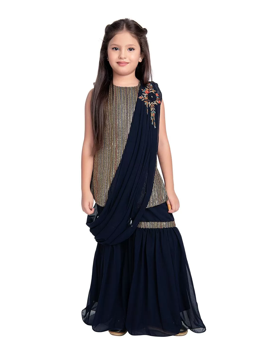 Navy Blue Striped Sequinned Kurta with Sharara & With Dupatta For Girls