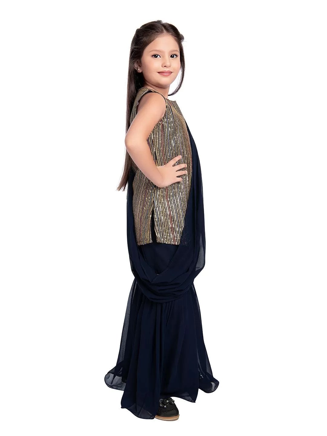 Navy Blue Striped Sequinned Kurta with Sharara & With Dupatta For Girls