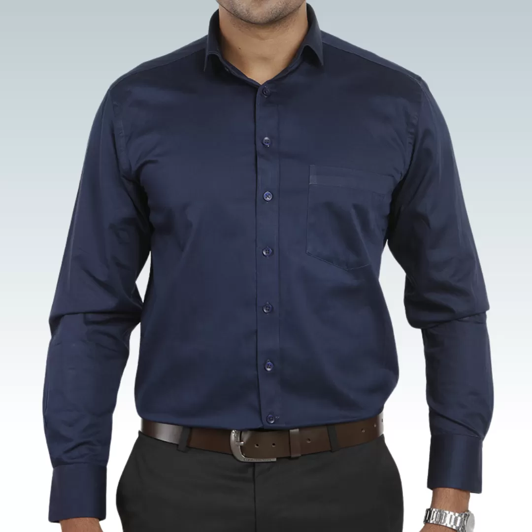 Navy Satin Regular Fit Cotton Shirt