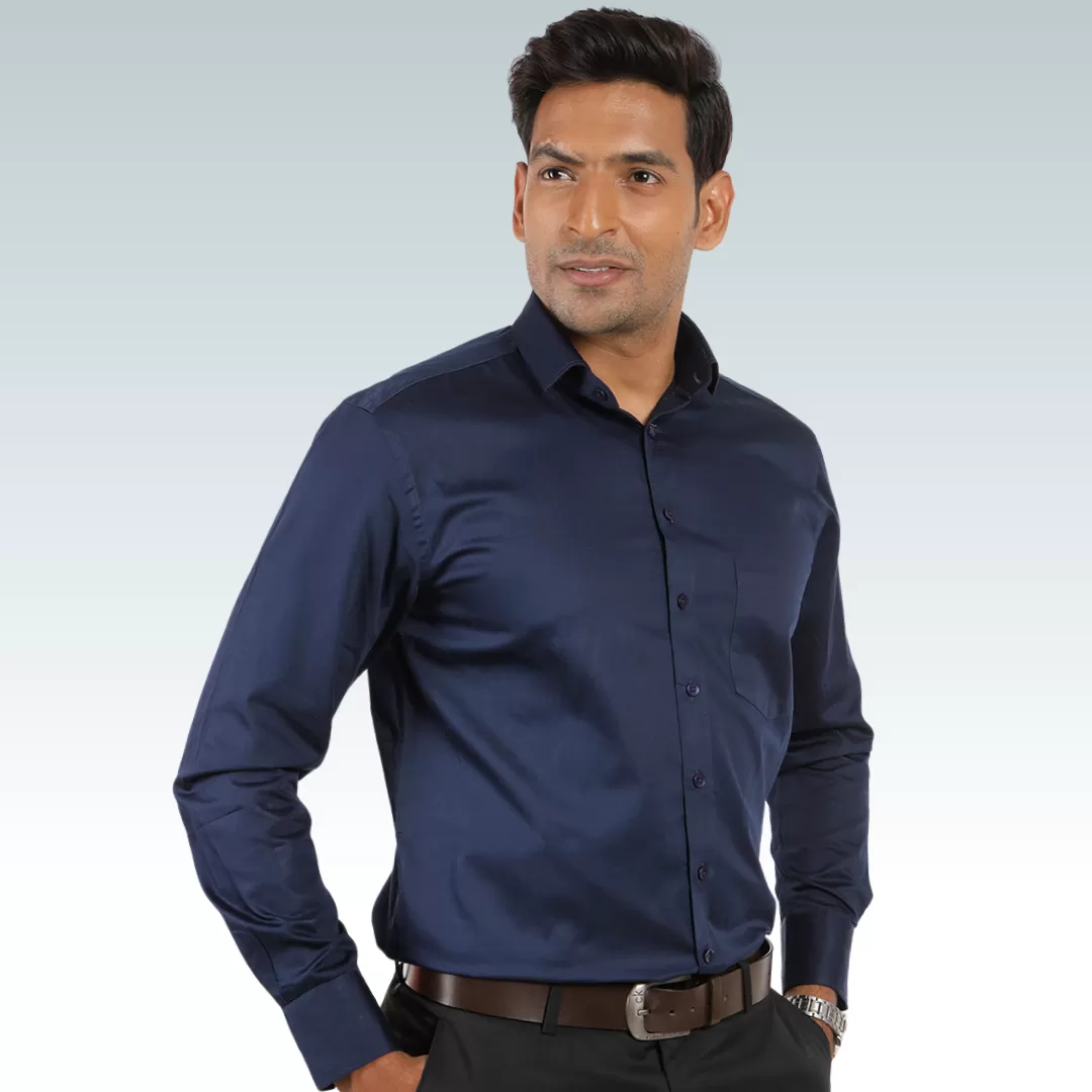 Navy Satin Regular Fit Cotton Shirt