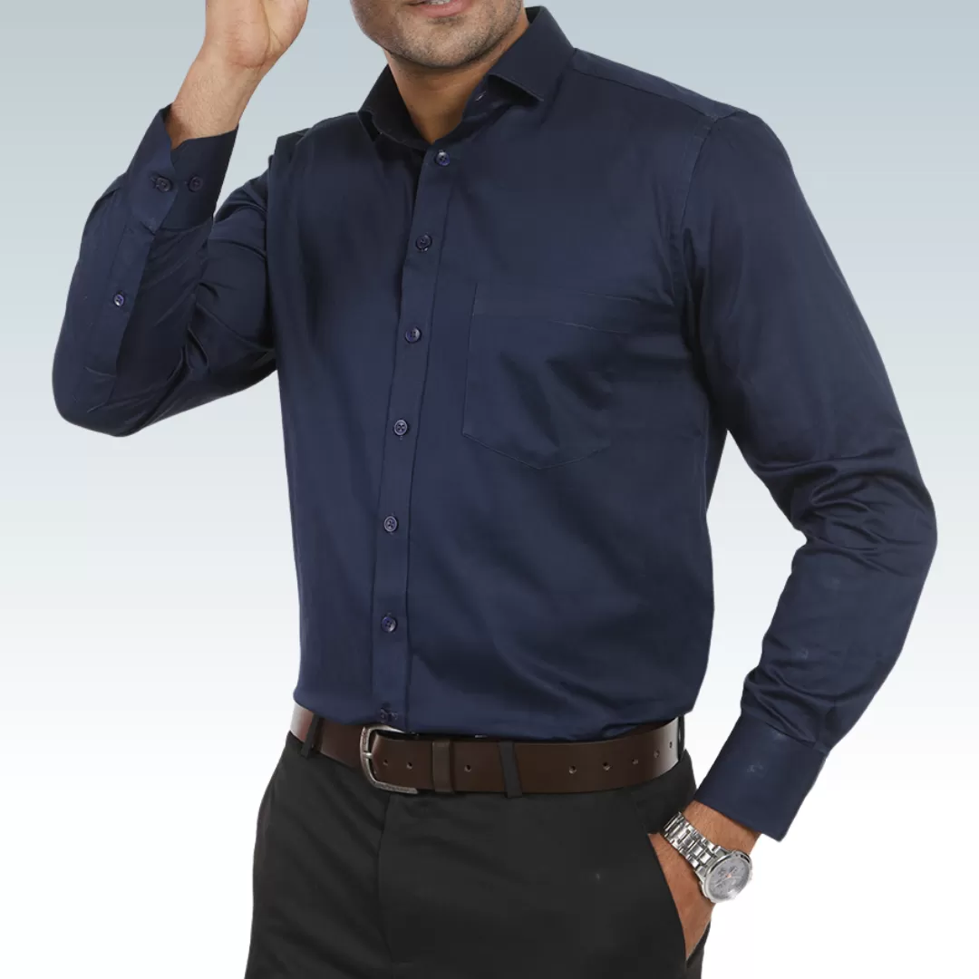 Navy Satin Regular Fit Cotton Shirt