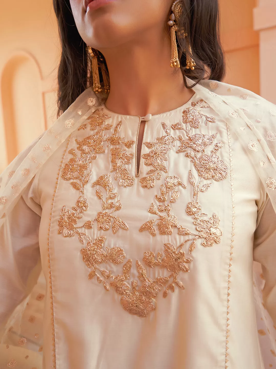 Off White Chanderi Yoke Embroidery Kurta with Palazzo and Dupatta