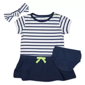 Organic Cotton 2-Piece Dress & Headband Set in Navy Stripes