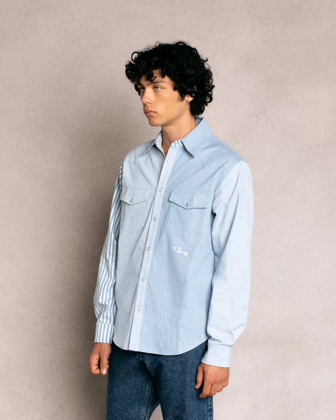 Patchwork Western Shirt (Blue/White)