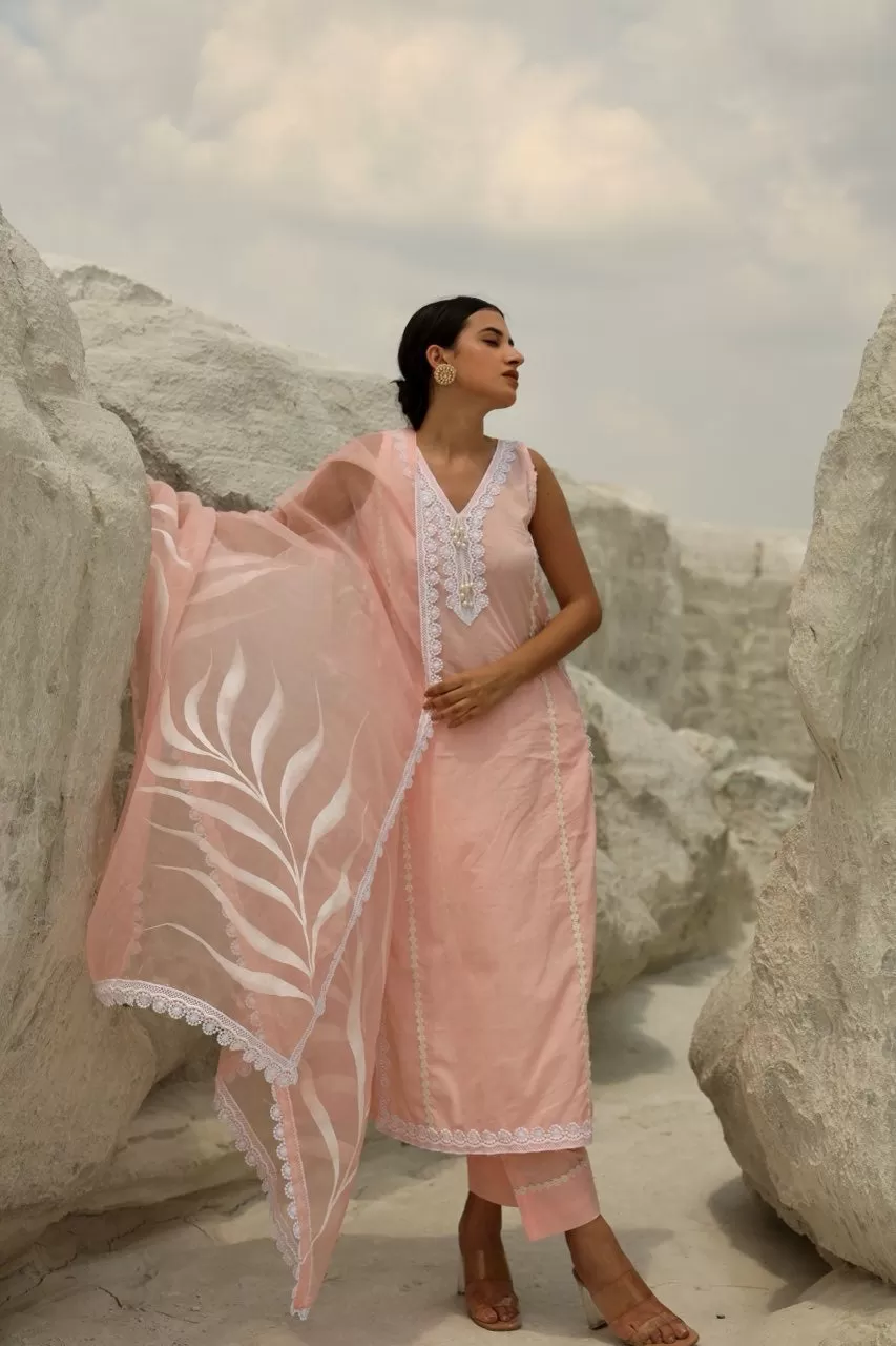 Pink Cotton White leaf Organza Dupatta Straight set