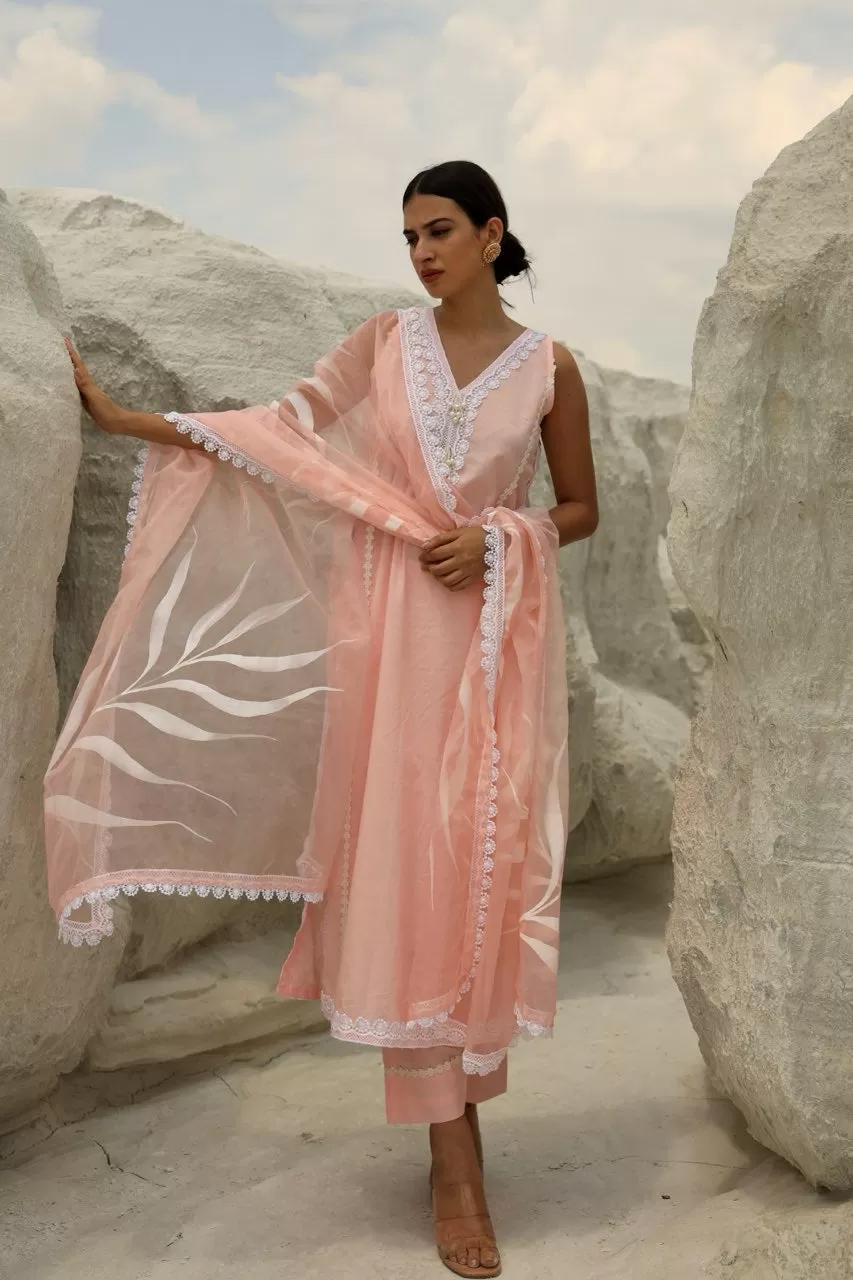 Pink Cotton White leaf Organza Dupatta Straight set