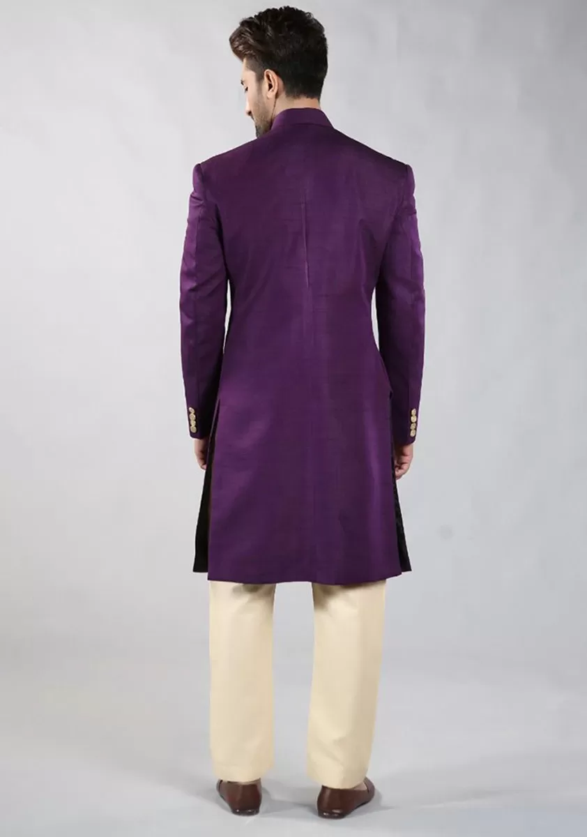 Purple pennant Traditional Plain Raw-Silk Sherwani