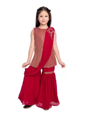 Red Striped Sequinned Kurta with Sharara & With Dupatta For Girls