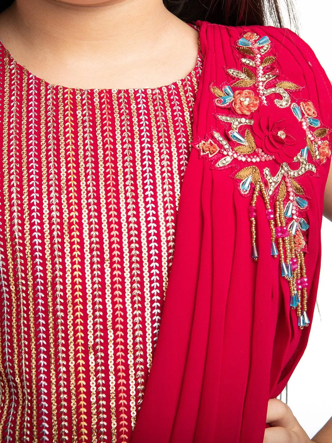 Red Striped Sequinned Kurta with Sharara & With Dupatta For Girls