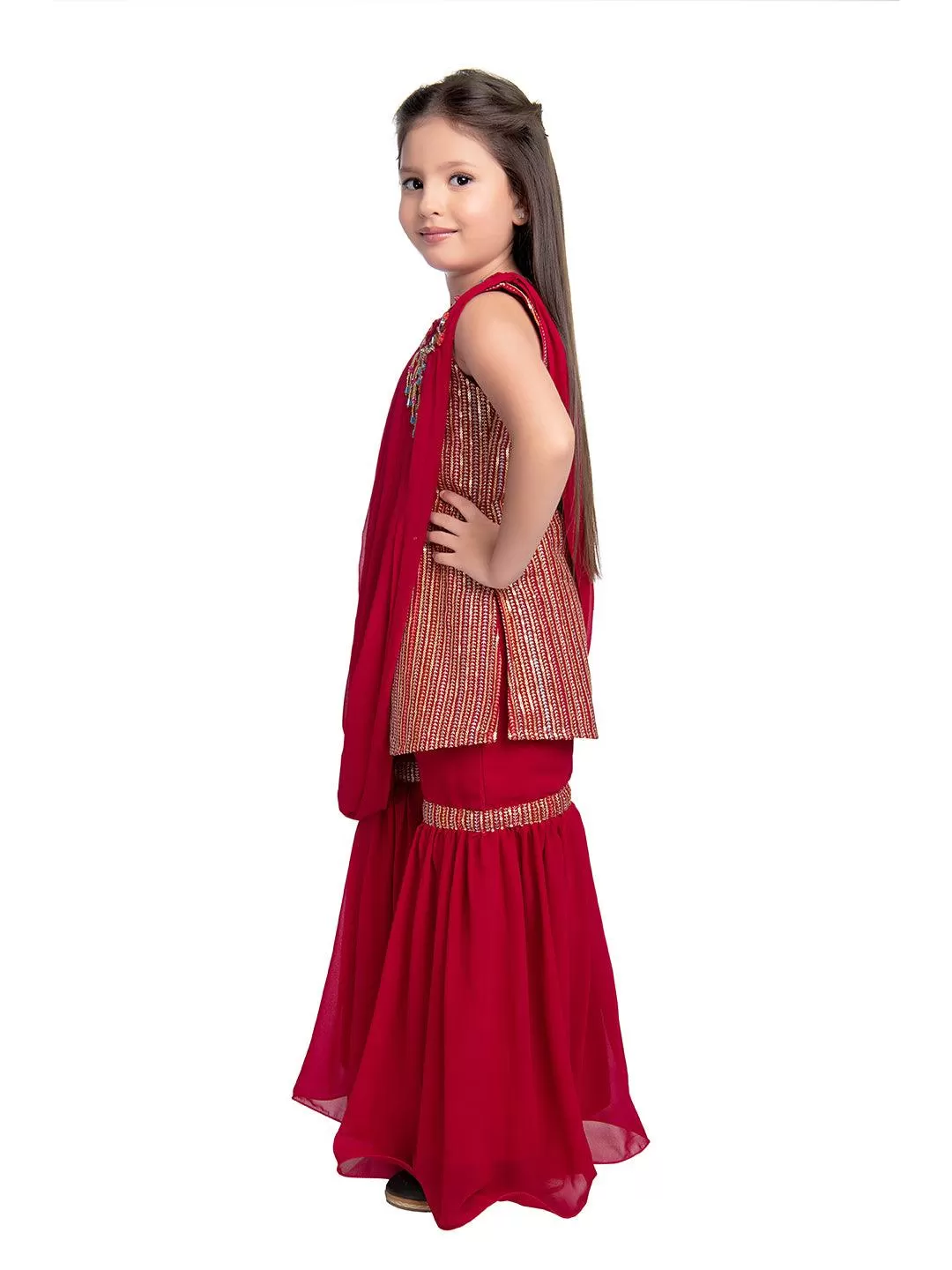 Red Striped Sequinned Kurta with Sharara & With Dupatta For Girls