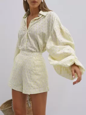 Sabrina Embroidery Cotton Volume Sleeve Shirt | Lemon & White