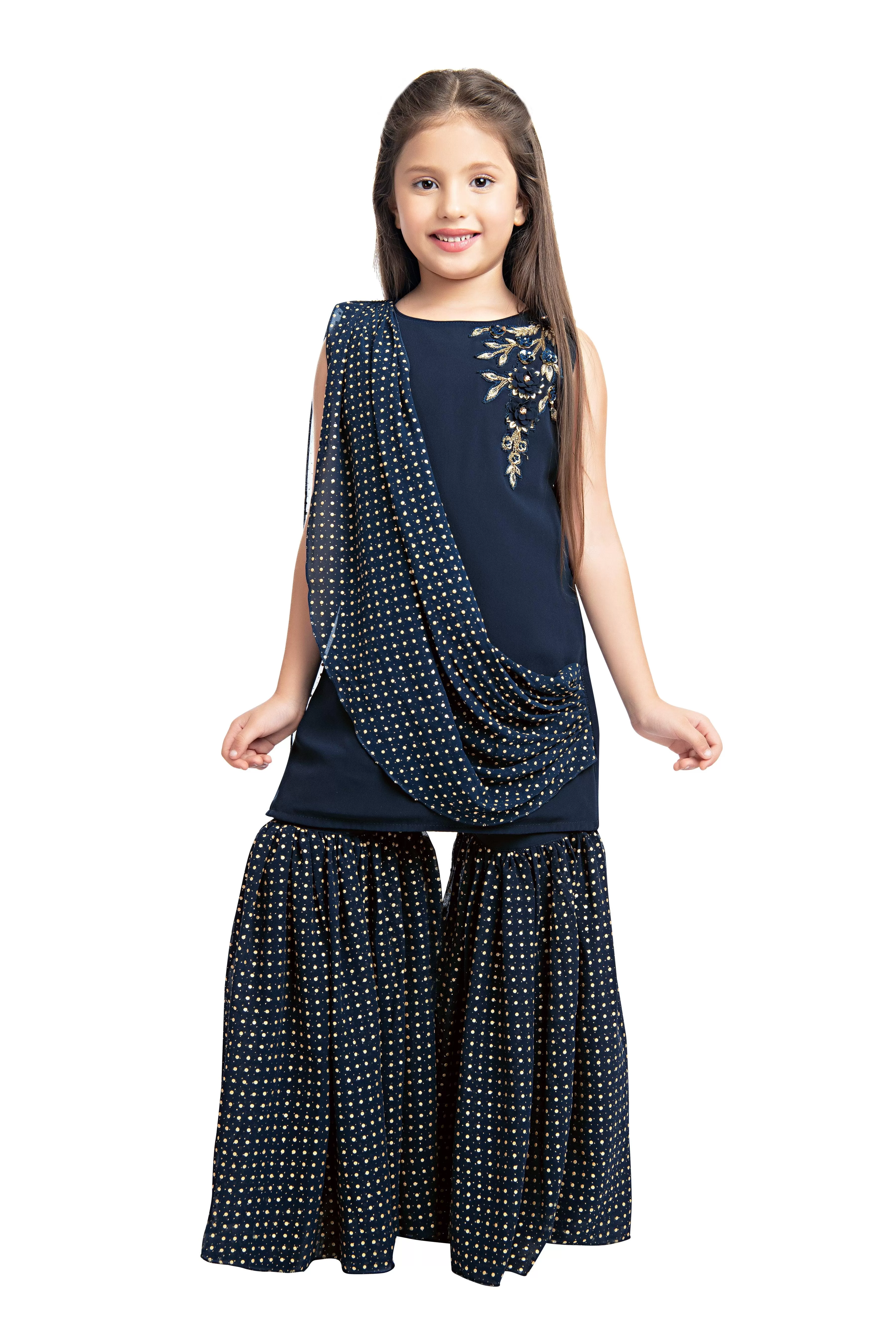 Teal Blue Embellished Kurta & Shrara Set For Girls