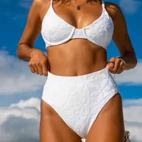 The Santorini - White Floral Jacquard High Waist Bikini Bottom