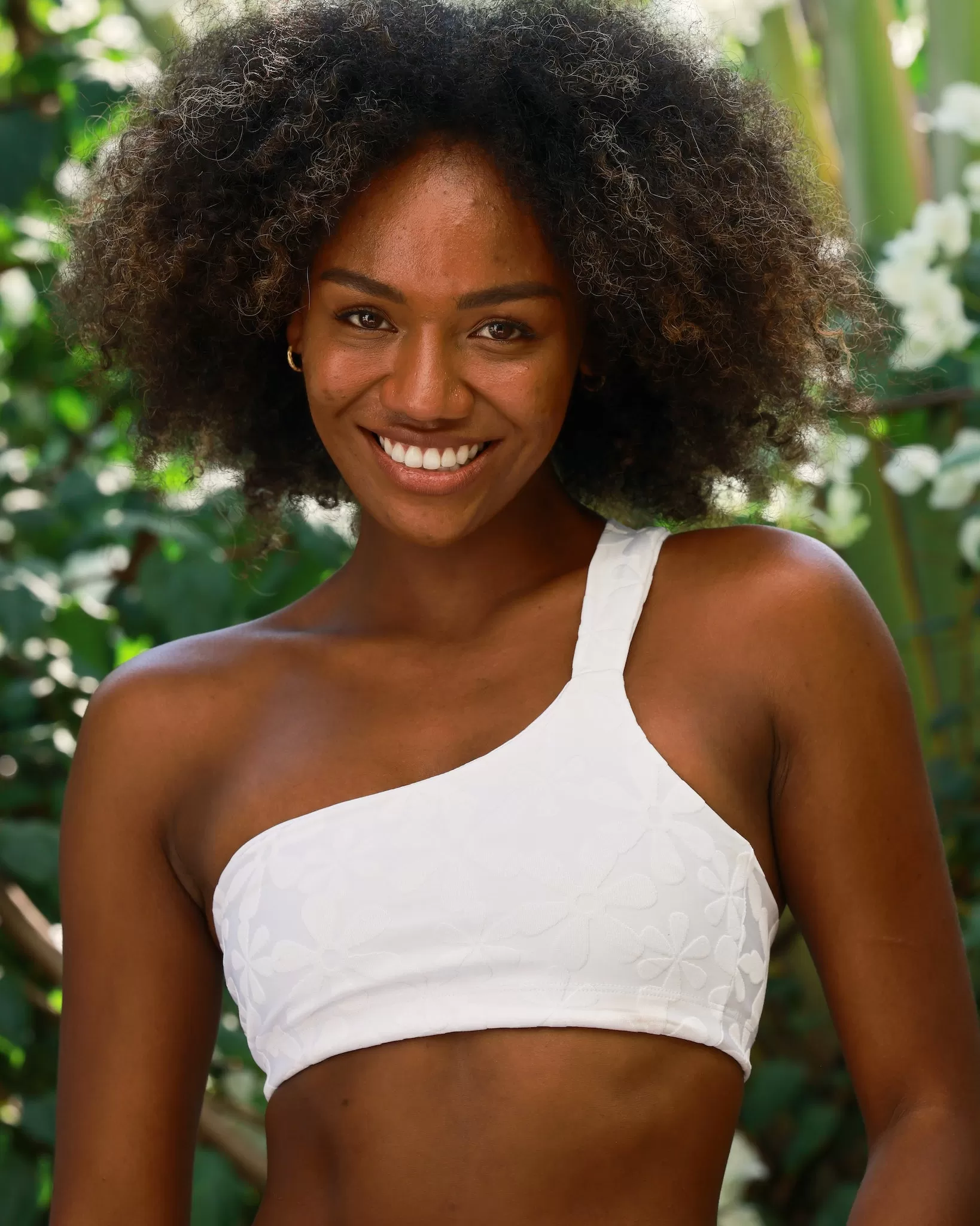 The Santorini - White Floral Jacquard One Shoulder Bikini Top