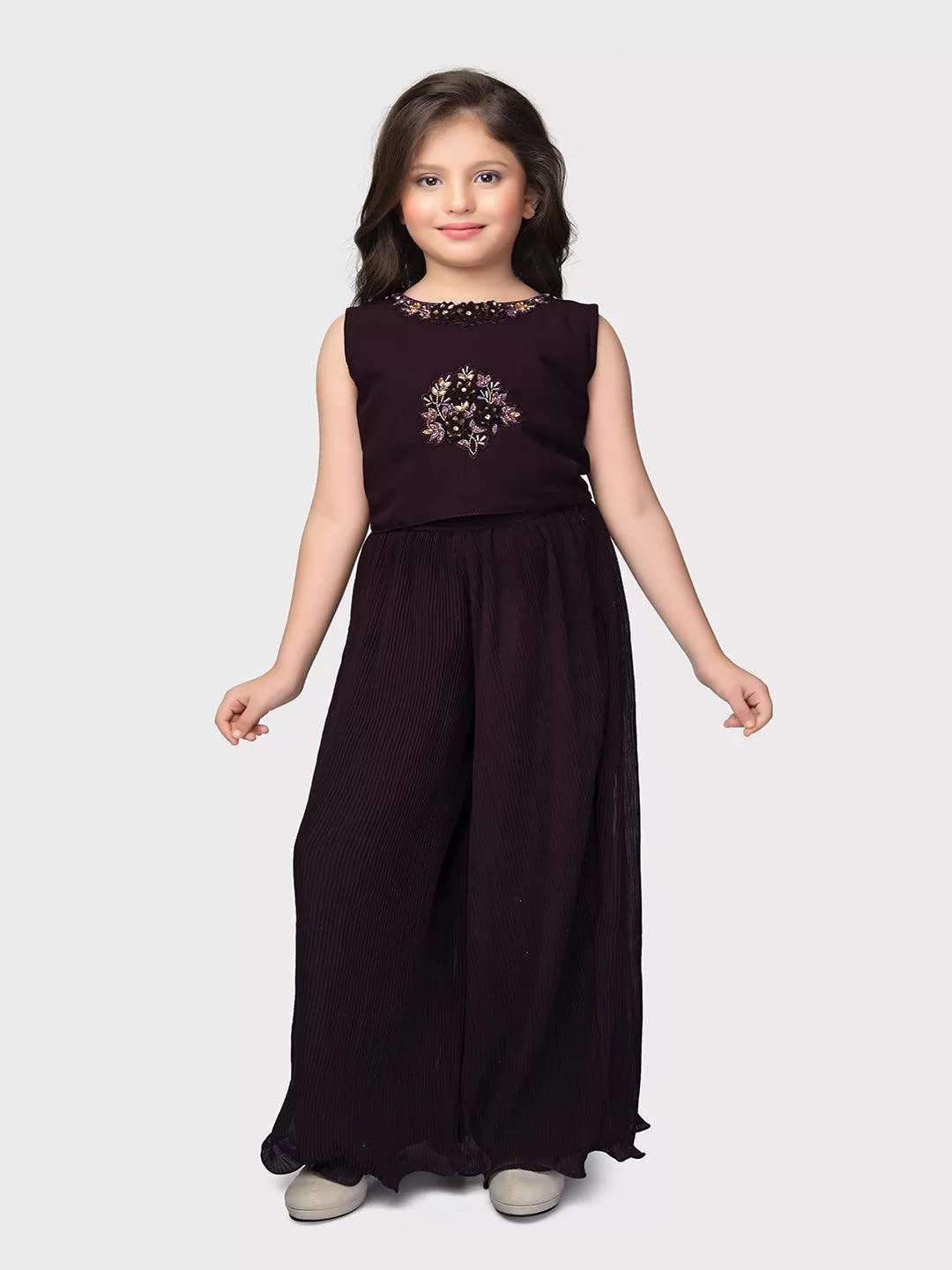 Wine Coloured Embellished Round Neck Top, Chic Solid Palazzo with Easy Slip-On Closure, Complete with a Stunning Long Jacket For Girls